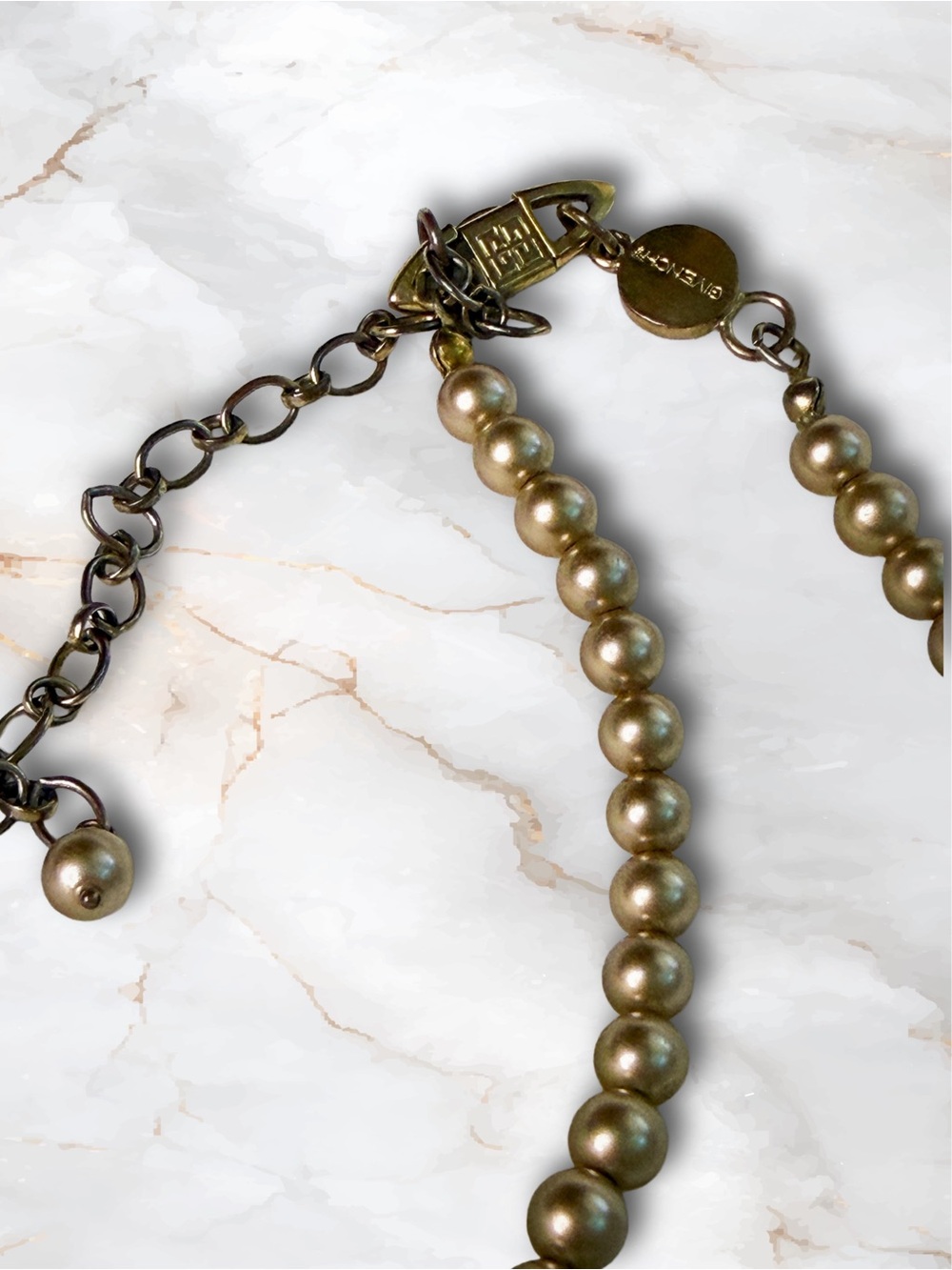 Vintage Givenchy Bronze Faux Pearl Choker Necklace Pavé Crystal Accents - Picture 9 of 17